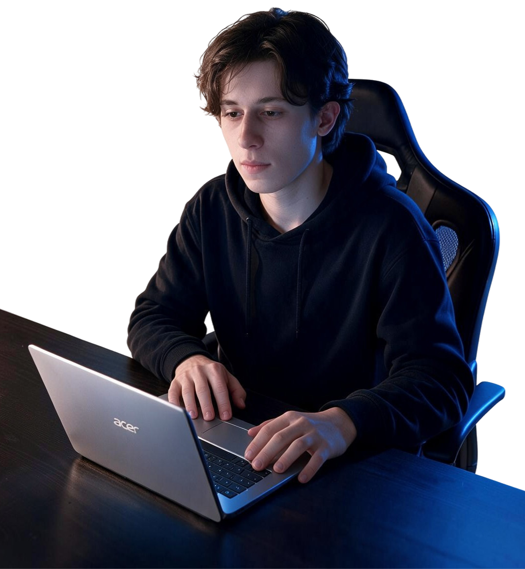 Davi Schmitz programando em seu notebook